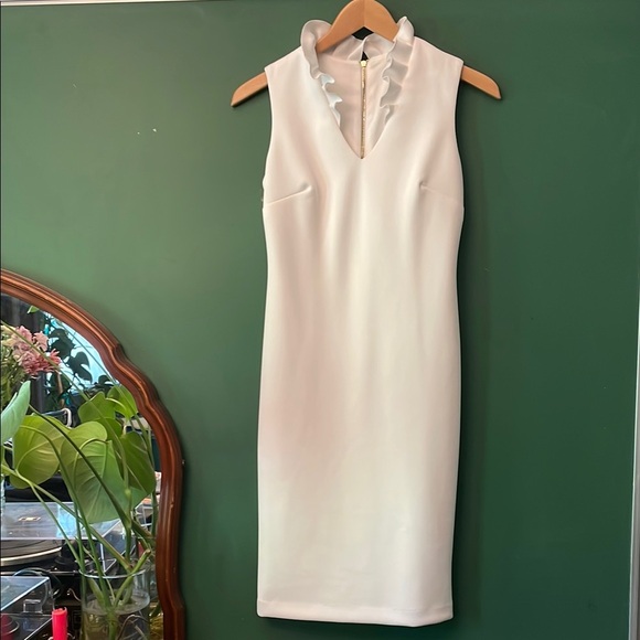 Calvin Klein White Ruffle Neck Midi Dress Women's 2 Cocktail Summer Gold Zipper - Picture 1 of 8